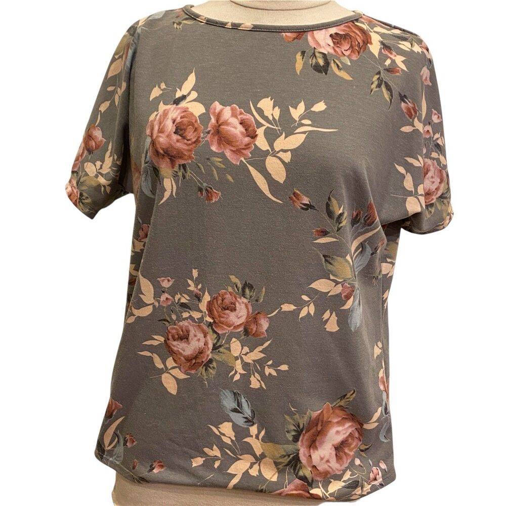 Down East Soft Jersey Floral Dolman Sleeves Stretchy Tee T-Shirt Size S USA